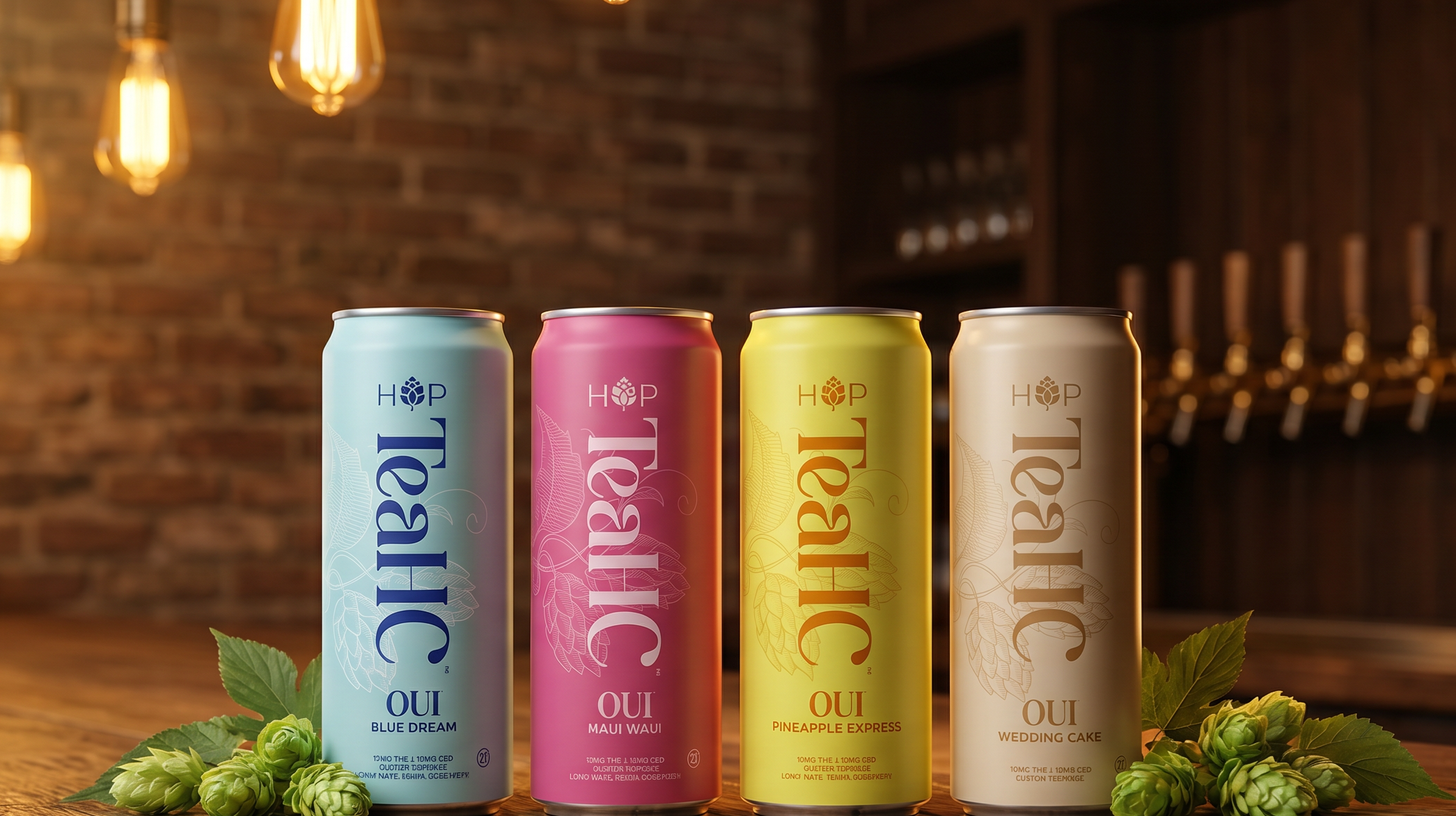 The four OUI HopTeaHC cans — Blue Dream, Maui Waui, Pineapple Express, Wedding Cake — lined up on a reclaimed-wood craft beer bar with fresh hop cones, exposed brick, Edison pendants, and brass taps behind.