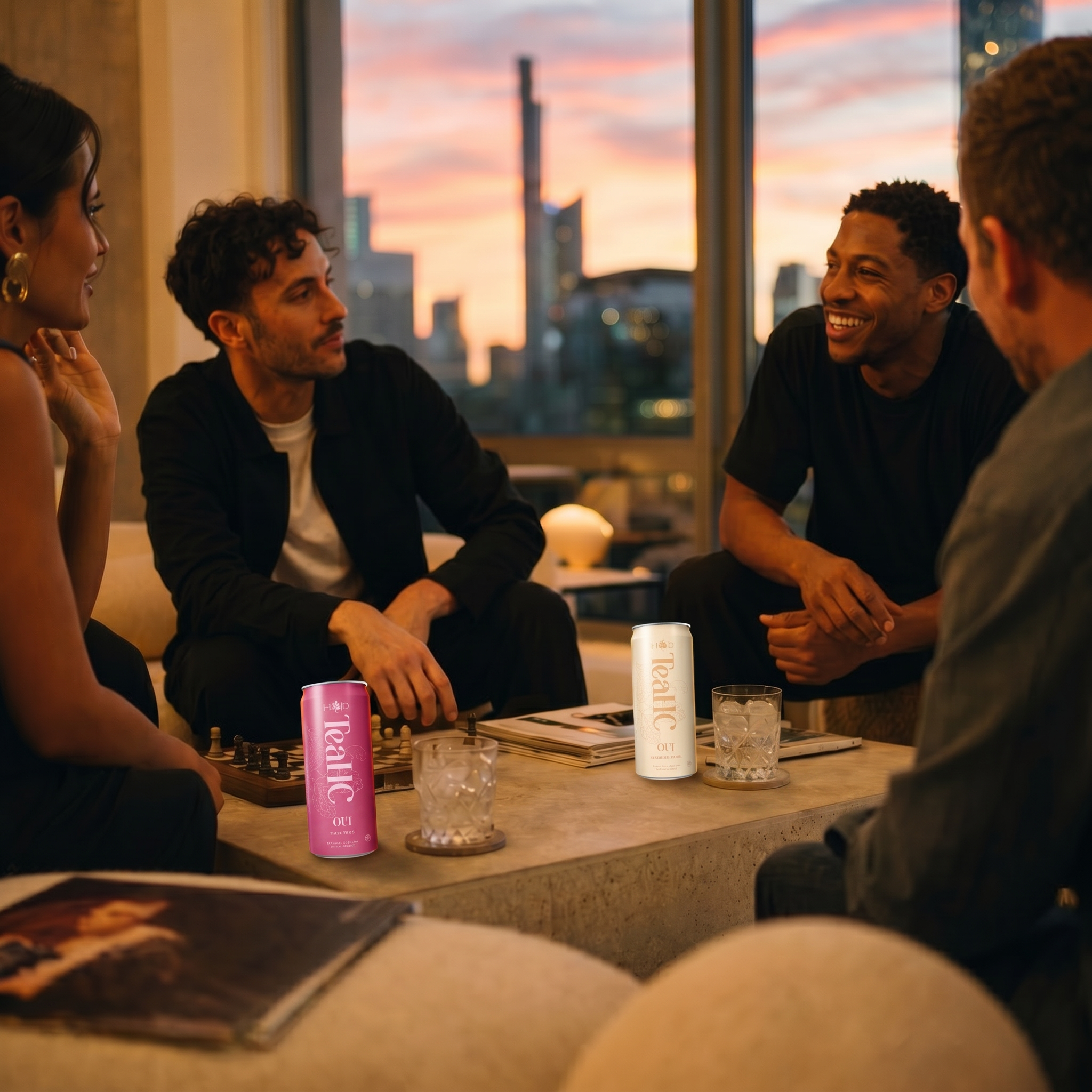 Friends gathered in a modern loft at dusk, OUI cans on the table, full presence and conversation.