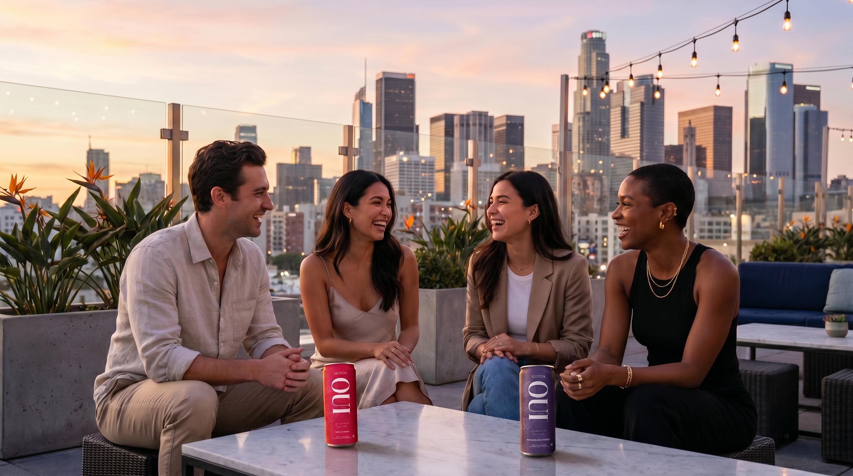 Four friends laughing on a downtown LA rooftop at golden hour with OUI Seltzer cans on the marble table and the city skyline behind them.
